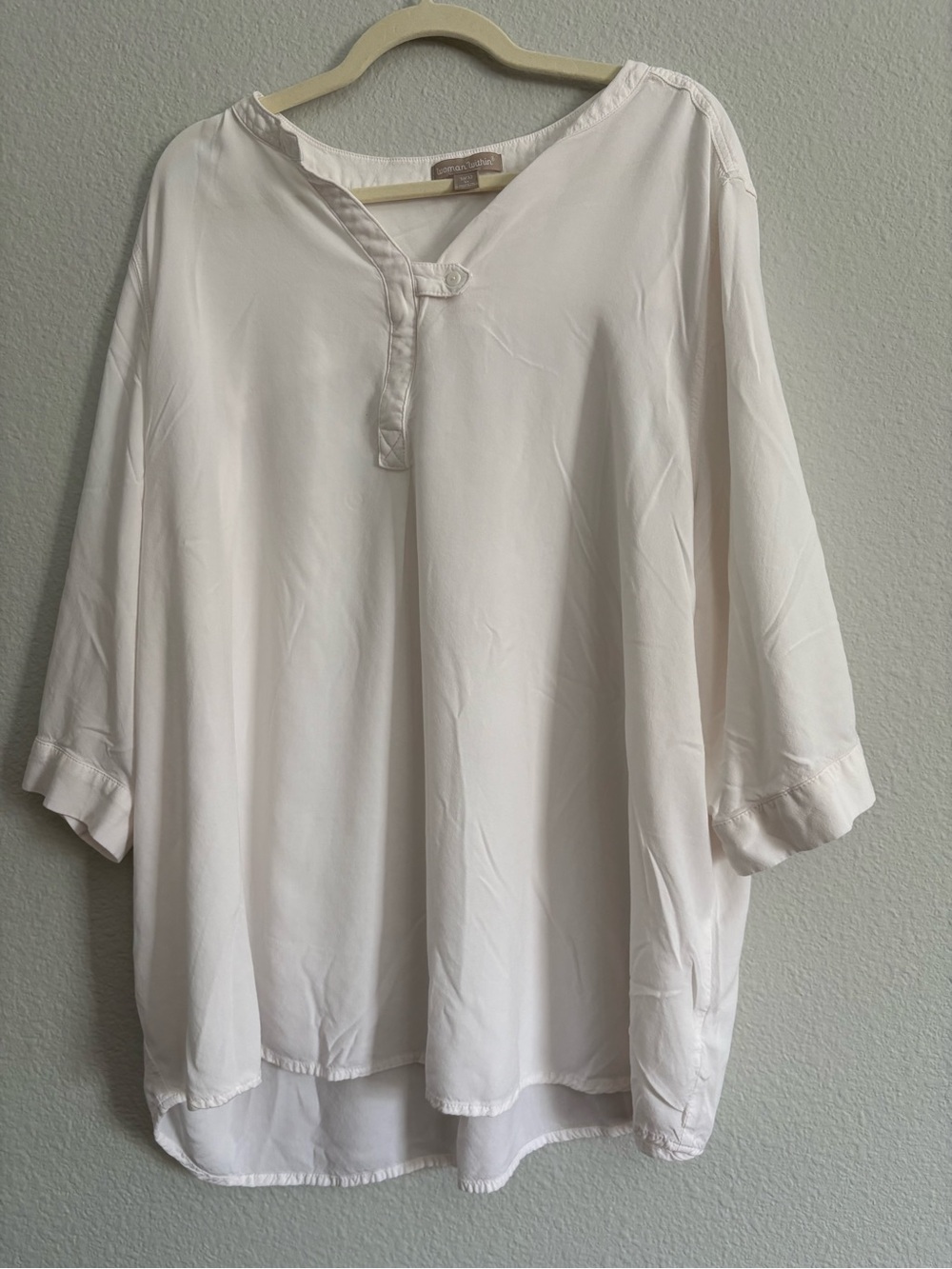 Woman Within Rayon Three-Quarter Sleeve Effortless Tab-front Blouse White 3x